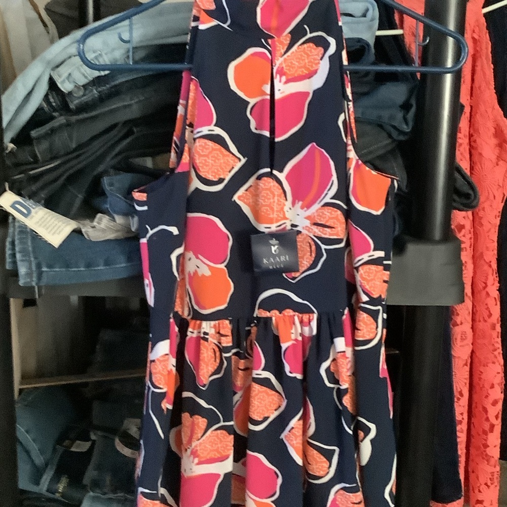 Kaari Blue Floral Blouse - Navy and Pink, sleeveless